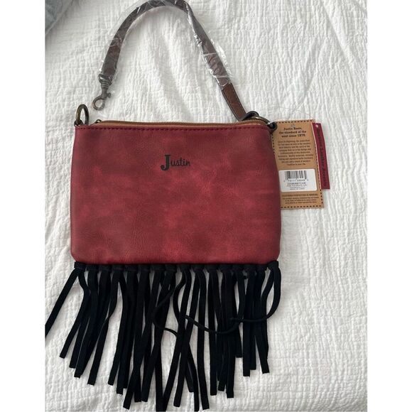 Justin Convertible Bag Wristlet Black Red Animal Print Leather Fringe Western NW - Picture 1 of 6